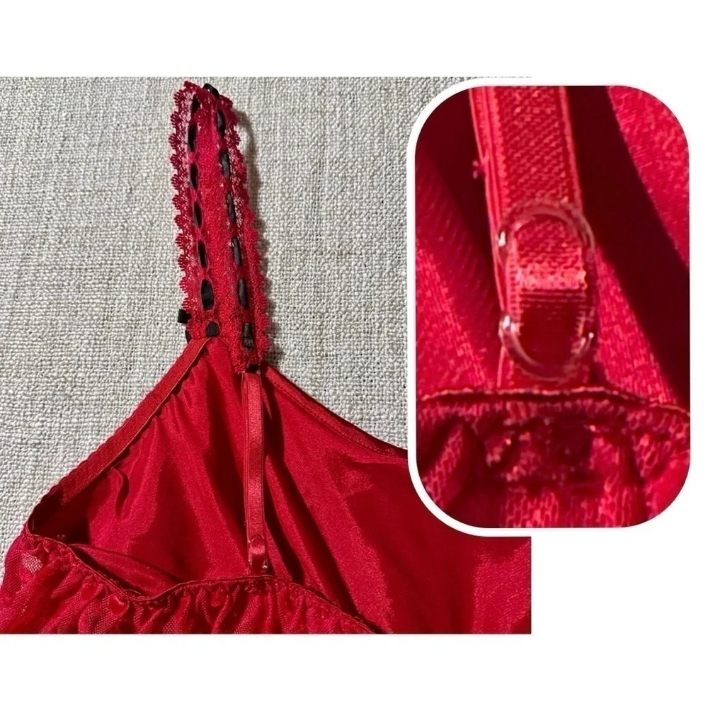 LINEA DONATELLA Entice Me Red Dot Semi Sheer Chemise Lace Bra Cami Women's M